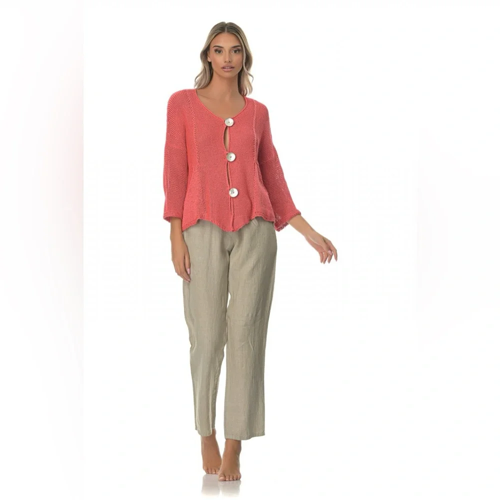 John P. Greece loose knit cardigan in Coral with Abalone Shell buttons - Picture 2 of 15